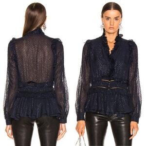 NWT Jonathan Simkhai silk ruffle long sleeve metallic chiffon blouse in midnight